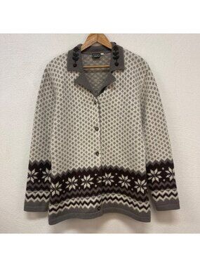 Vintage Sinclair Casual Knit Wool Gray & Creme Nordic Cardigan sz L (42-44)